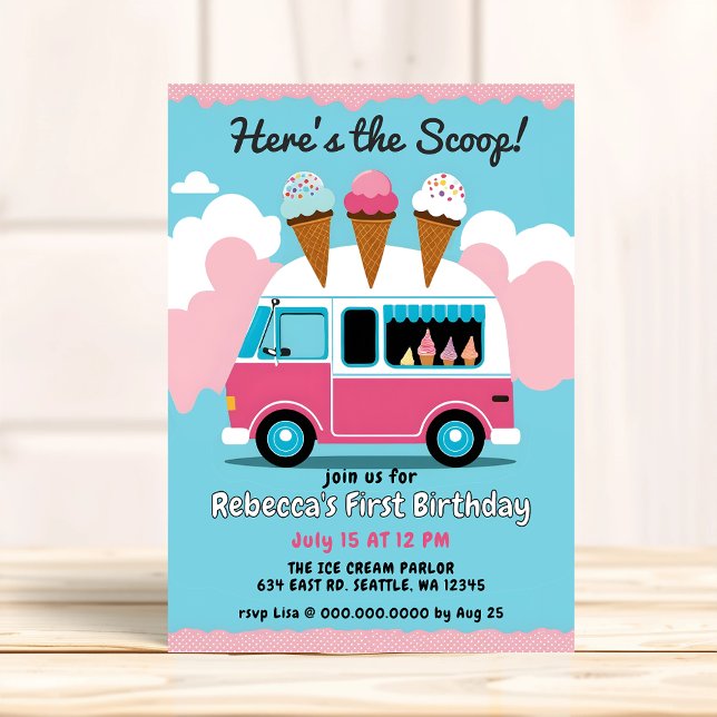 Invitación Acá el cumpleaños del camión Scoop Ice Cream (Heres the Scoop Ice Cream Truck Birthday Invitation)
