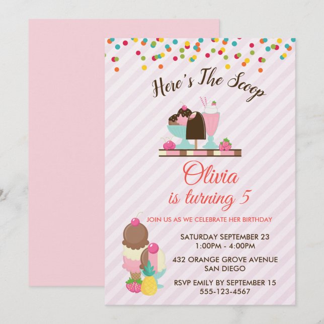 Invitación Acá está el cumpleaños de Scoop Ice Cream y Confet (Anverso / Reverso)