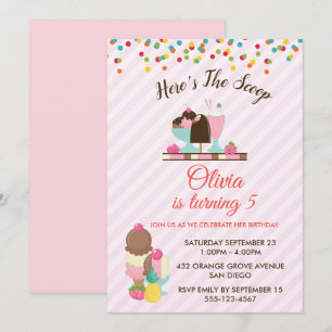Invitación Acá está el cumpleaños de Scoop Ice Cream y Confet