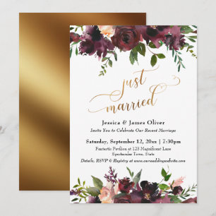 Invitación Acaba de Casarse Rojo Burdeos Floral Guión Dorado
