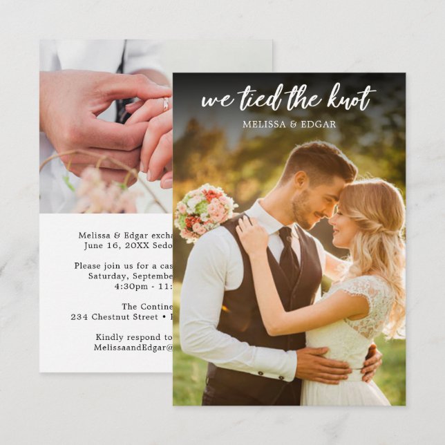 Invitación acabamos de casarnos con una foto de un boda blanc (Anverso / Reverso)