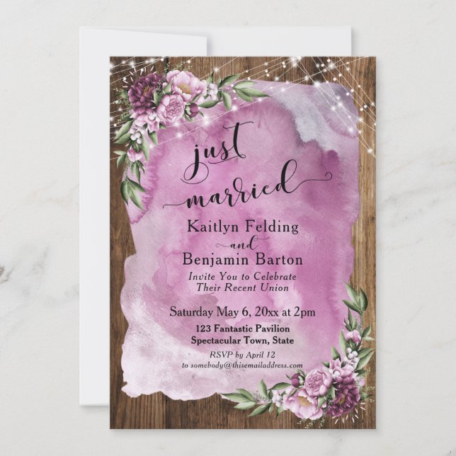 Invitación Acaban de Casarse Rústico Acuarela Floral y Luces (Anverso)