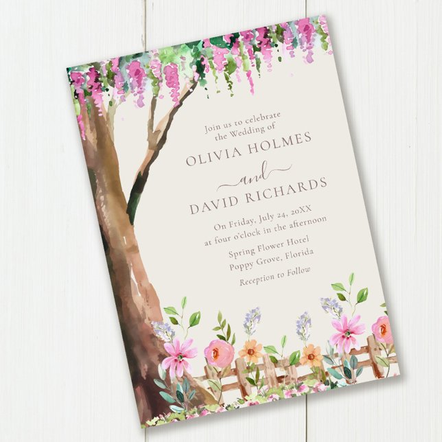 Invitación Acacia en un Boda de campo de flores silvestres (Acacia on a Wildflower Field Wedding Invitation on wooden table.)