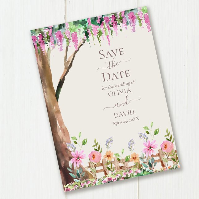 Invitación Acacia en un campo de flores silvestres Guardar la (Acacia on a Wildflower Field Save the Date Card on wooden table.)