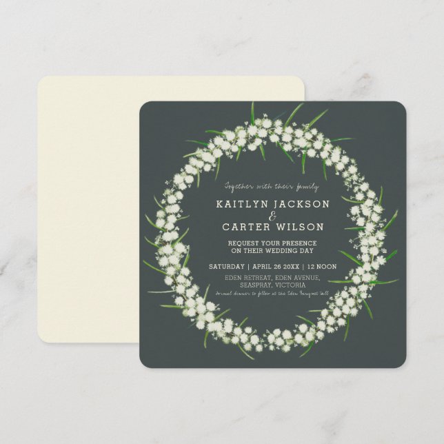 Invitación Acacia light wattle flor wreath art boda (Anverso / Reverso)