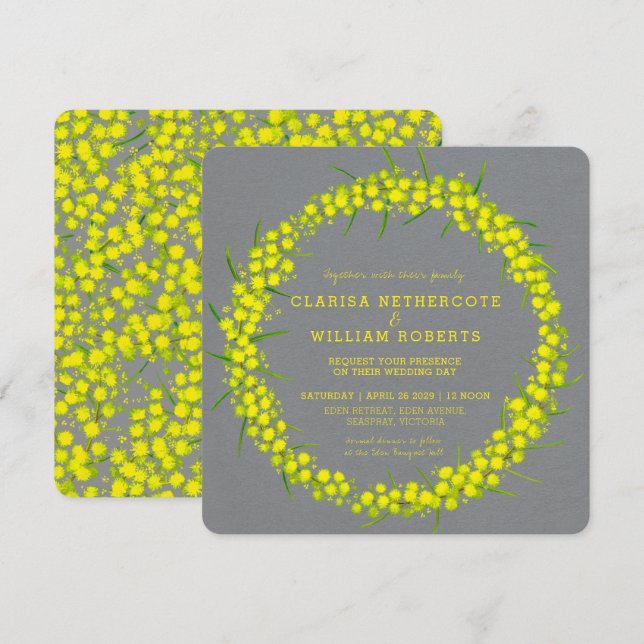 Invitación Acacia wattle arte floral boda gris amarillo (Anverso / Reverso)