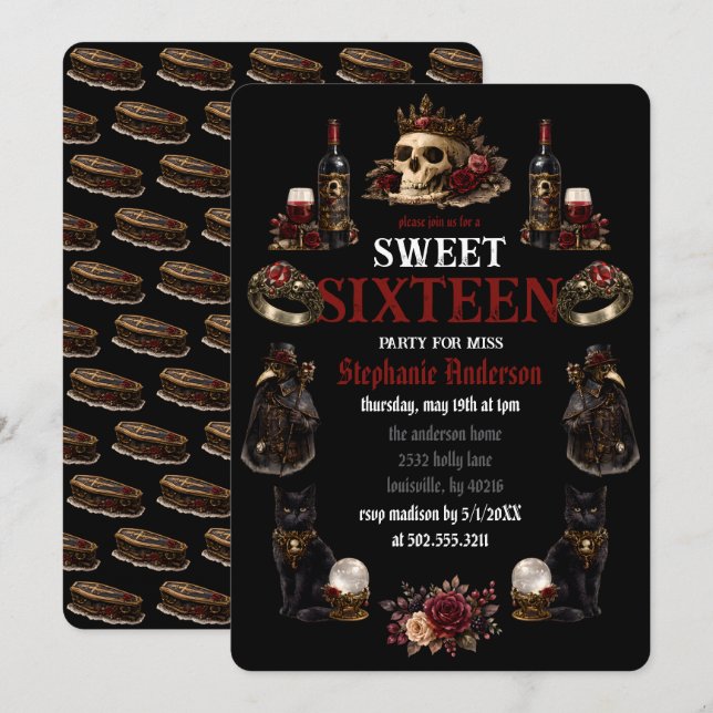 Invitación Academia Oscura Gótica Sweet 16 (Anverso / Reverso)