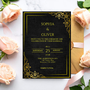 Invitación Academia Oscura Gótico Negro Oro Elegante Boda