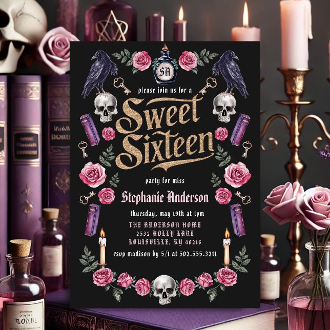 Invitación Academia Oscura Gótico Oro Floral Dulces 16 (Subido por el creador)