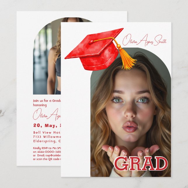 Invitación Accesorio de Gorra de Graduación Roja con Código Q (Anverso / Reverso)