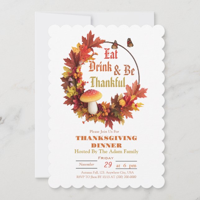 Invitación Acción de Gracias Comer Bebida y Ser Agradecido (Anverso)