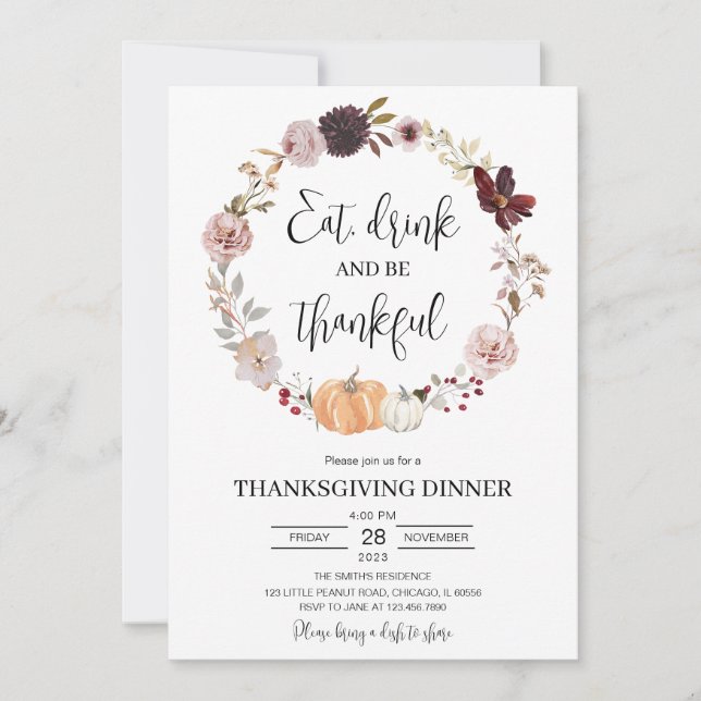 Invitación Acción de Gracias minimalista (Anverso)