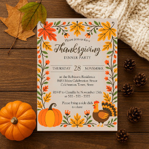 Invitación Acción de Gracias Potluck Hojas de Otoño Pavo Rúst