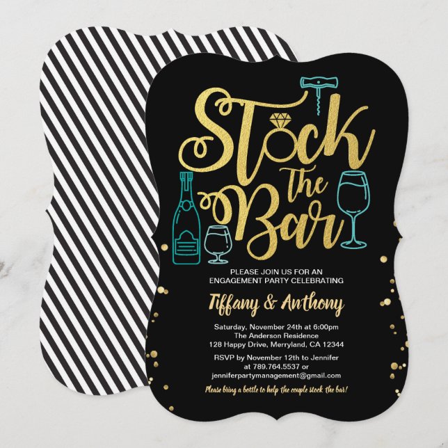Invitación Acción verde azulada el negro del oro del fiesta (Anverso / Reverso)