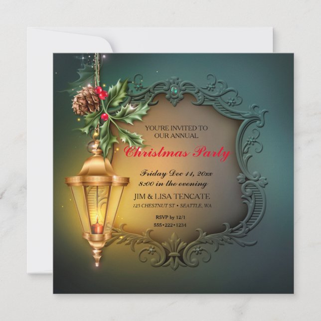 Invitación Acebo de linterna brillante piña de Navidad (Anverso)