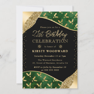 Invitación Acebo Invernal Verde y Dorado Cumpleaños 21