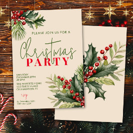 Invitación Acebo y Pino en Fiesta de Navidad en Beige