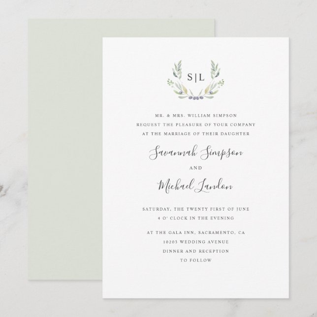 Invitación Aceite de oliva pintado y deja un boda de monogram (Anverso / Reverso)