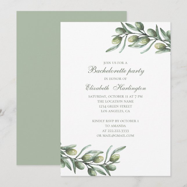 Invitación Aceitunas. Fiesta de soltera italiana. Botánico de (Anverso / Reverso)