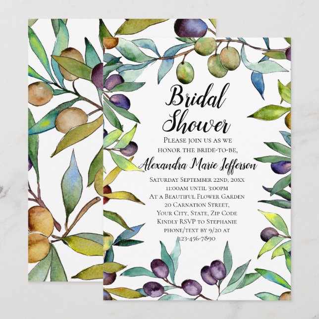 Invitación Aceitunas saladas Agua Toscana Ducha de novias (Anverso / Reverso)