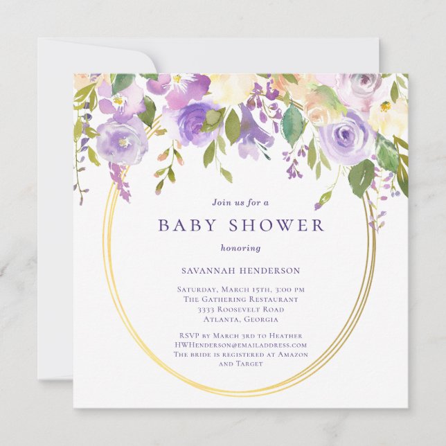 Invitación Acentos de oro morado floral Baby Shower neutro (Anverso)