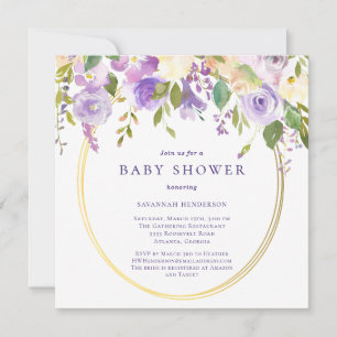 Invitación Acentos de oro morado floral Baby Shower neutro