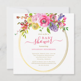 Invitación Acentos dorados con flores rosadas Script Baby Sho