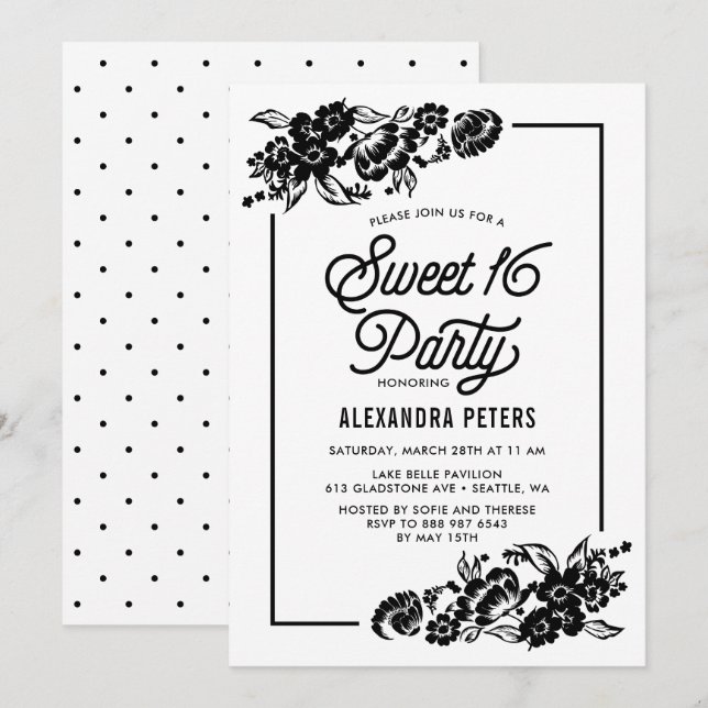 Invitación Acentos florales modernos, negros y blancos Dulce  (Anverso / Reverso)