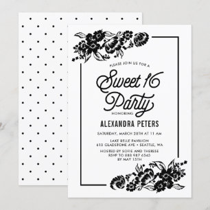 Invitación Acentos florales modernos, negros y blancos Dulce