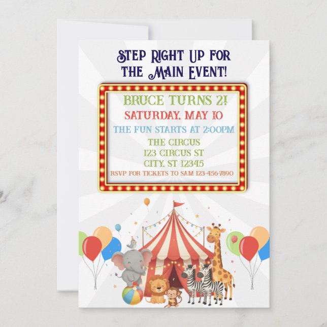 Invitación ¡Acércate! Fiesta de cumpleaños Circus (Anverso)