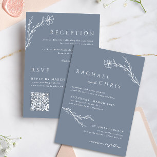 Invitación Acero Azul Azul Simple Boho Floral Código QR Botán