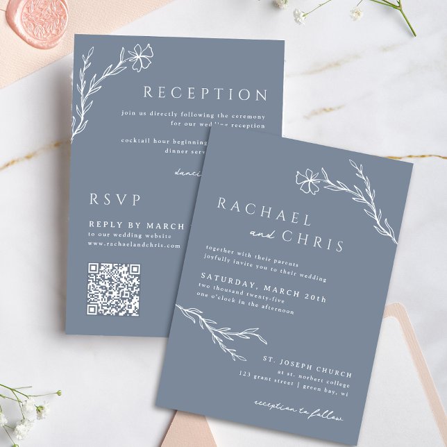 Invitación Acero Azul Azul Simple Boho Floral Código QR Botán (Subido por el creador)