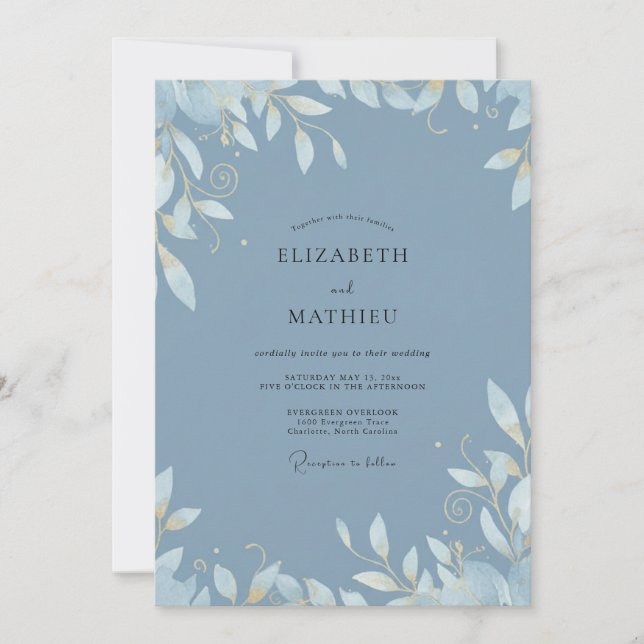 Invitación Acero de Centaurea Follaje Suave Eucalipto Boda (Anverso)