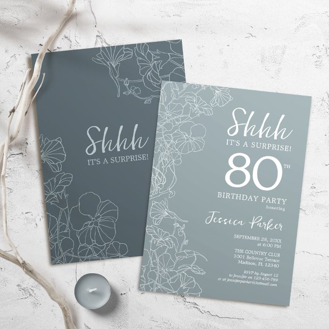 Invitación Acero Floral Azul Sorpresa Botánica 80 cumpleaños (Subido por el creador)