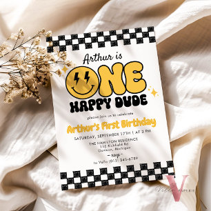 Invitación ACOGEDOR AMARILLO Negro FELIZ DUDE Retro Groovy cu
