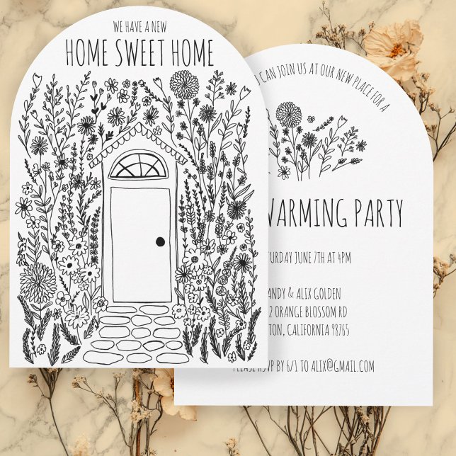 Invitación ACOGEDOR FIESTA Puerta Jardín Mano Dibujar Doodle (HOUSEWARMING PARTY Garden Door Hand Drawn Doodle Arched Party  Invitation
)