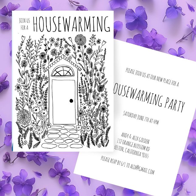 Invitación ACOGEDOR FIESTA Puerta Jardín Mano Dibujar Doodle (HOUSEWARMING PARTY Garden Door Hand Drawn Doodle Invitation Black and White line art
)