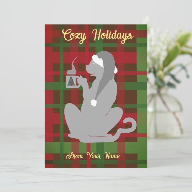 Invitación Acogedor gato de Navidades con peluche, gris, pers (Anverso de pie)