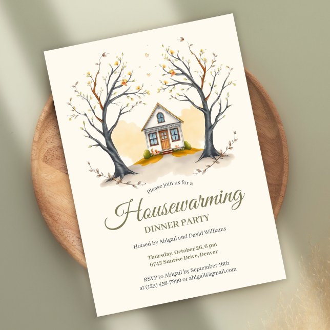 Invitación Acogedora casa de campo Fiesta de cena caliente (Cozy Housewarming Dinner Party Invitation – Autumn Cottage Theme Invitation)