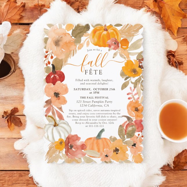 Invitación Acogedora fiesta de otoño de la caída floral de la (Cozy Autumn Watercolor Pumpkin Floral Fall Fête Invitation)