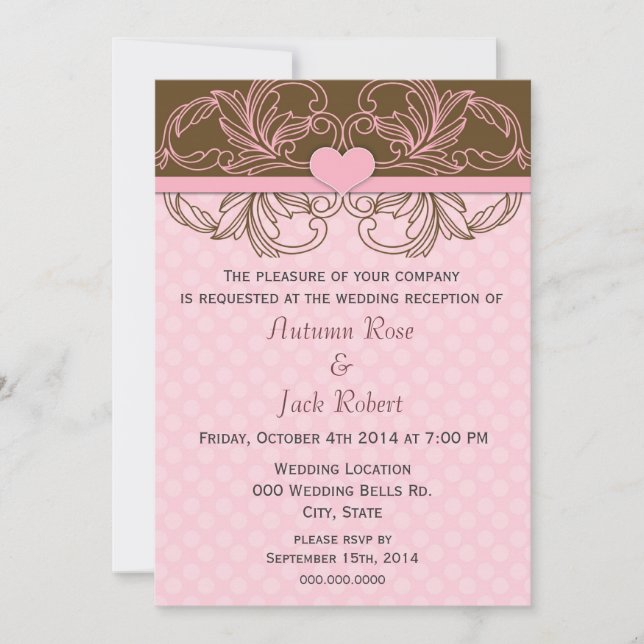 Invitación Acogida de bodas rosadas y marrones (Anverso)