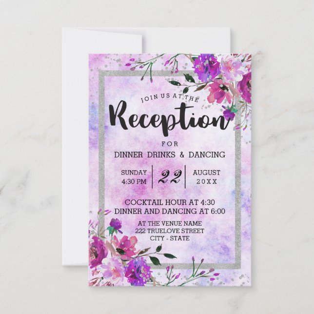 Invitación Acogida de matrimonio de marco morado floral y pla (Anverso)