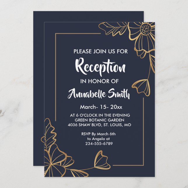 Invitación Acogida floral marina y dorada (Anverso / Reverso)