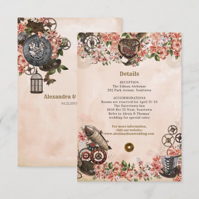 Invitación Acogida Floral Steampunk Wedding Insertar (Anverso / Reverso)