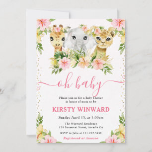 Invitación Acrarela Divertidos Animales de la Jungla Baby Sho