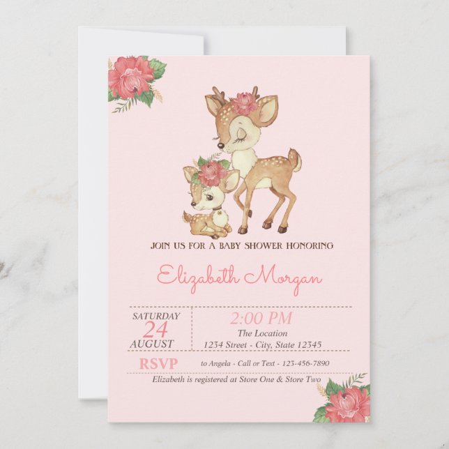 Invitación Acrarela Flores Bebés Ciervos Baby Shower (Anverso)