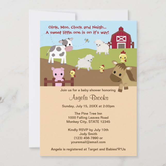 Invitación Acres animales de animal del campo Baby Shower AAK (Anverso)