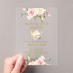 Invitación acrílica a Baby Shower Fiesta de té