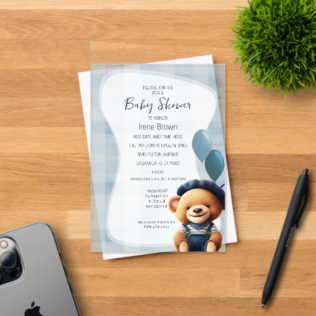 Invitación acrílica azul de Bear Jean Baby Shower (Insitu (Tarjeta de Invitación))