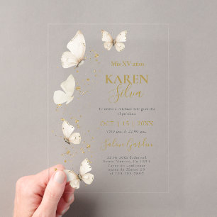 Invitación acrílica Beige Butterfly Quinceañera